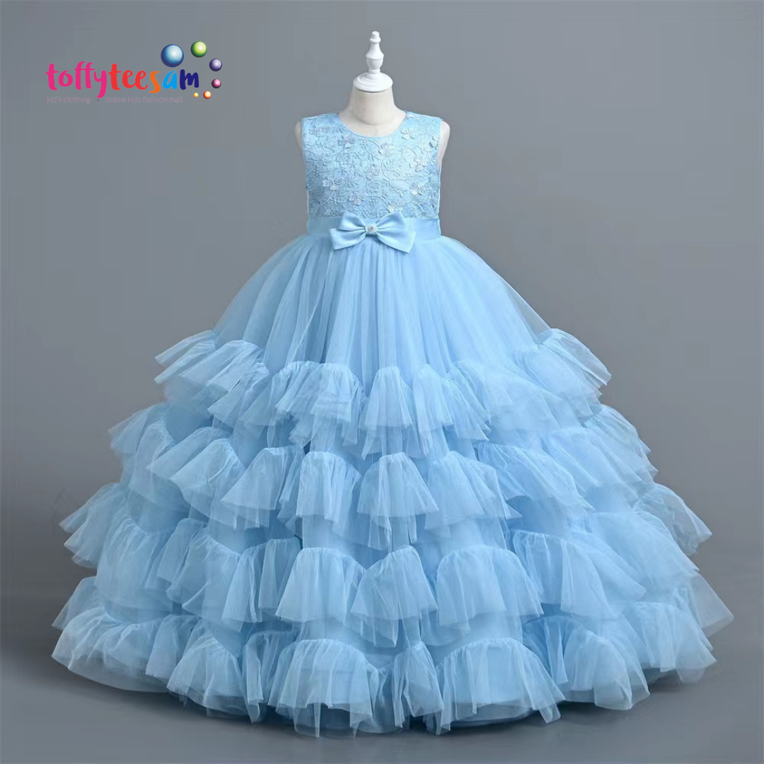 Luxury Princess Blue Ruffle Gown for Girls