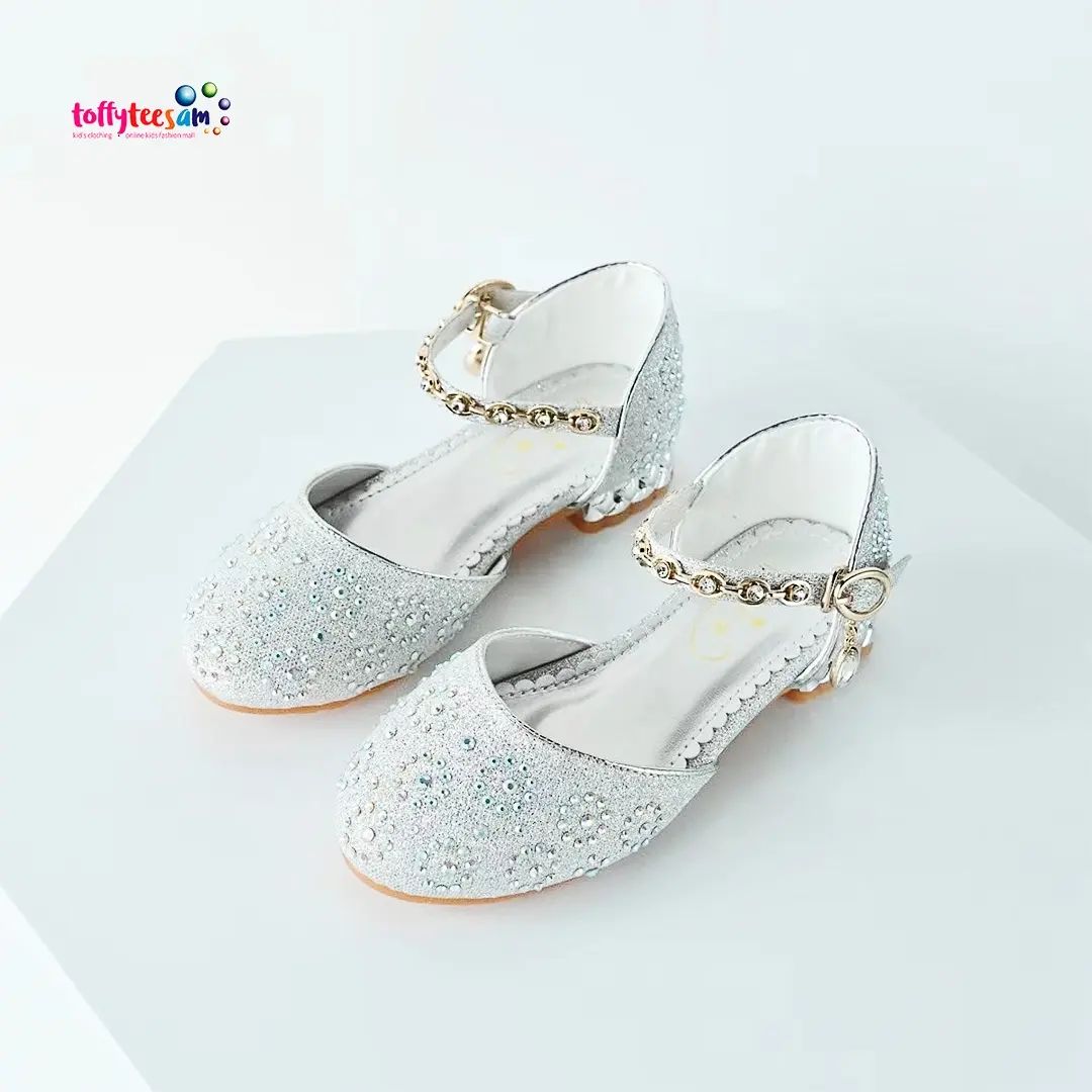 POSH DREAM Gold Sequins Children Princess Shoes For Girls High Heel Glitter Rhinestone Female Party Dress Shoes