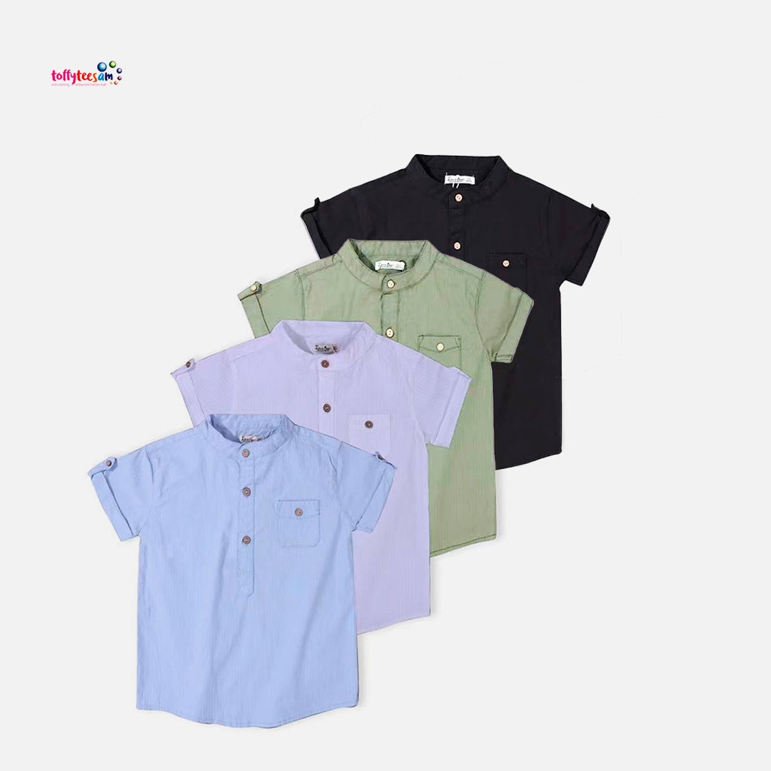 Summer new short sleeve shirt elastic casual boys shirt British round neck kids cotton shirt