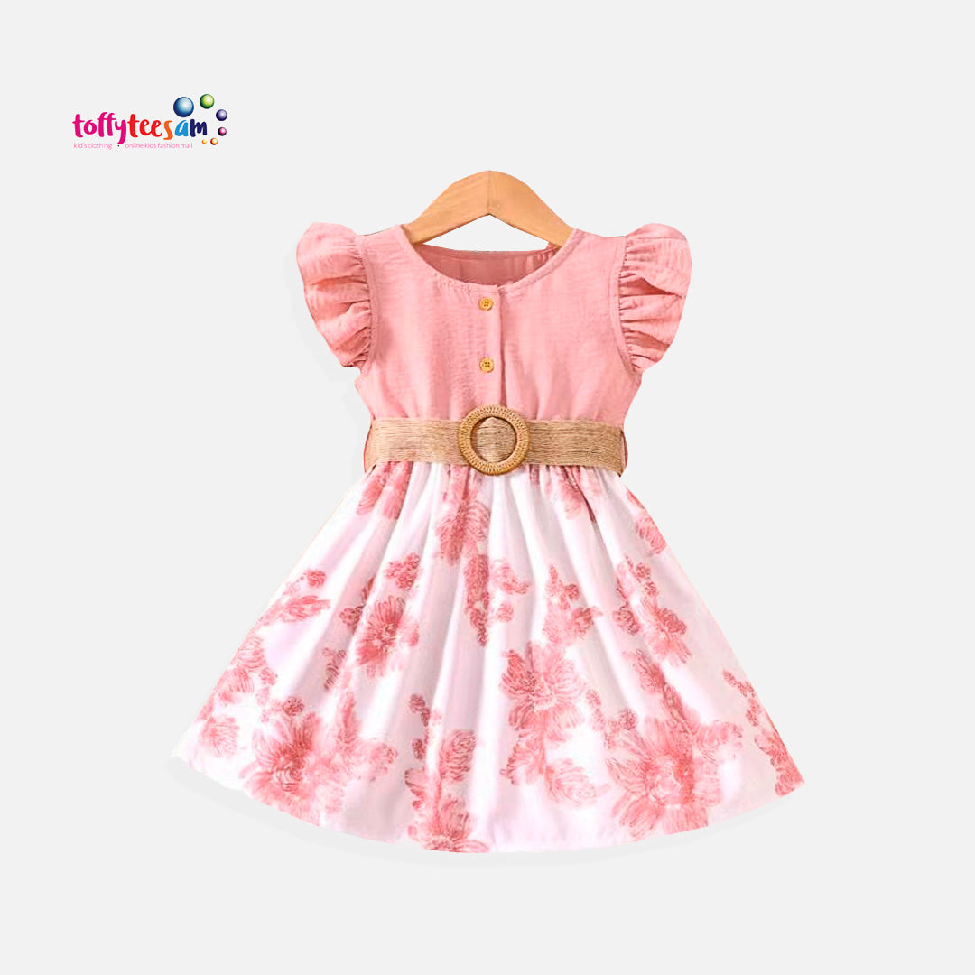 Girls Fly Sleeve Floral Prints Princess Dress Dance Party Dresses Clothes Belt Girls Summer Dress
