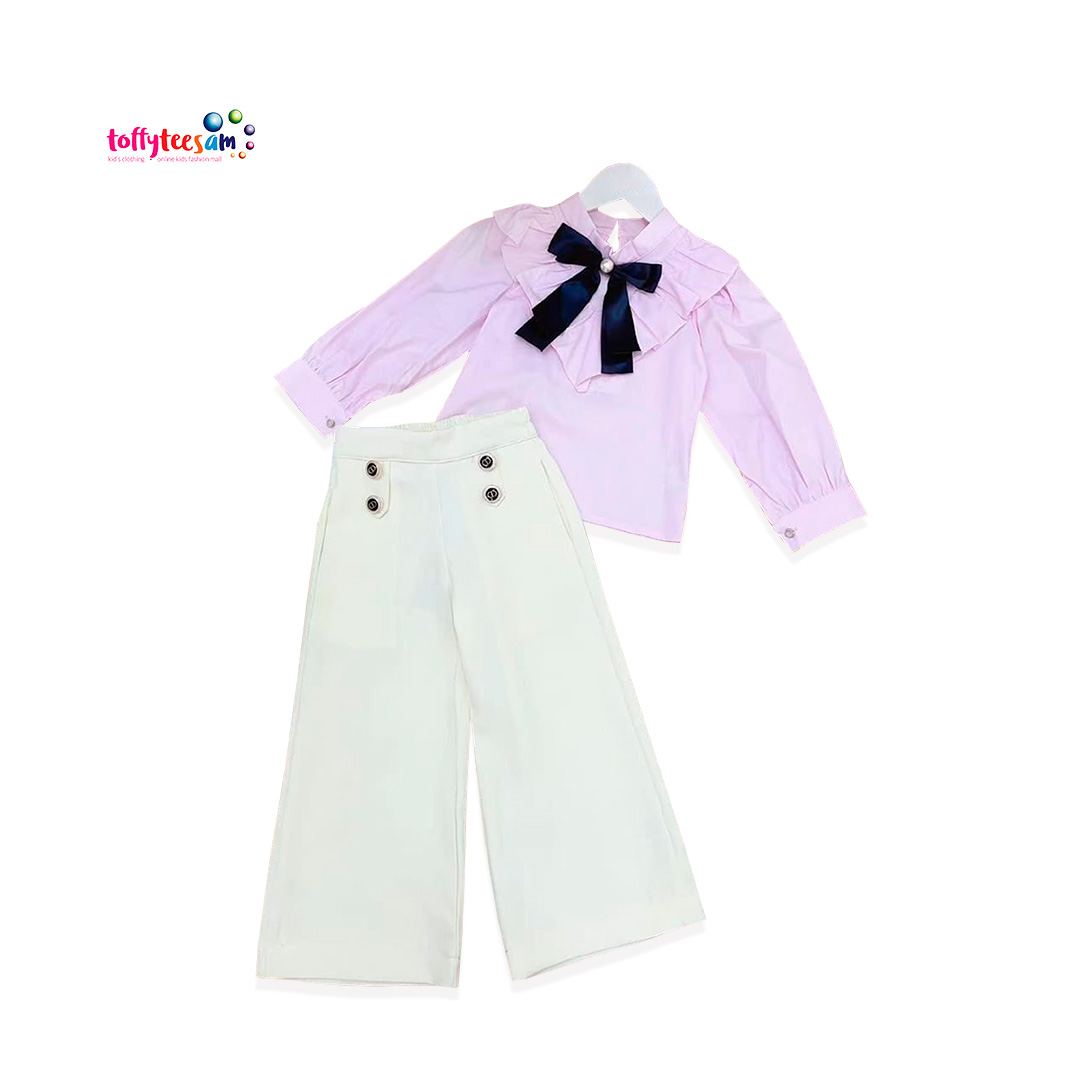 CASCADE BOW COLLAR TOP AND SAILOR PANTS SET