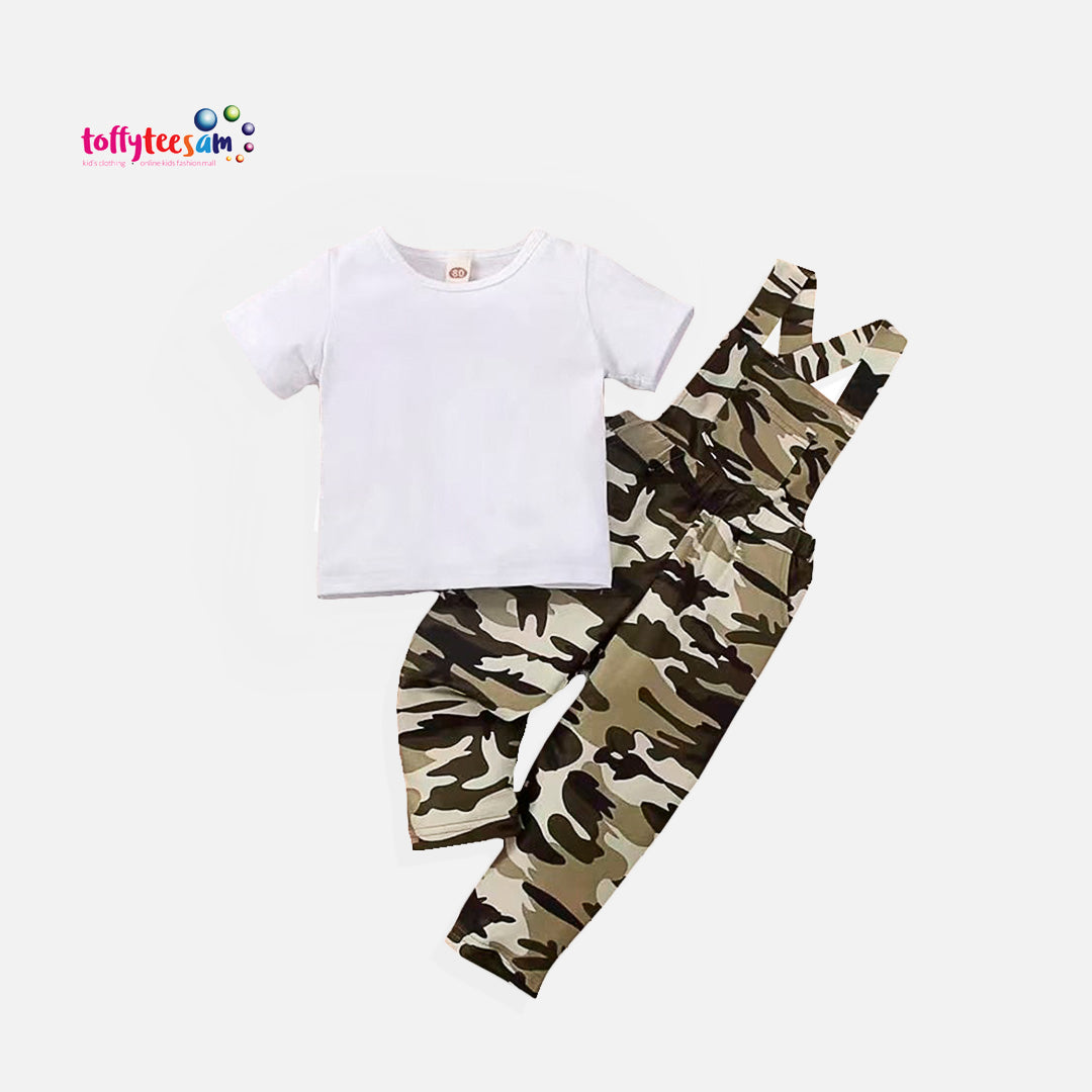 Bagilaanoe 2Pcs Baby Boy Overalls Pants Set Short Sleeve T-Shirts Tops + Camouflage Suspender Trouser; Infant Casual Outfits