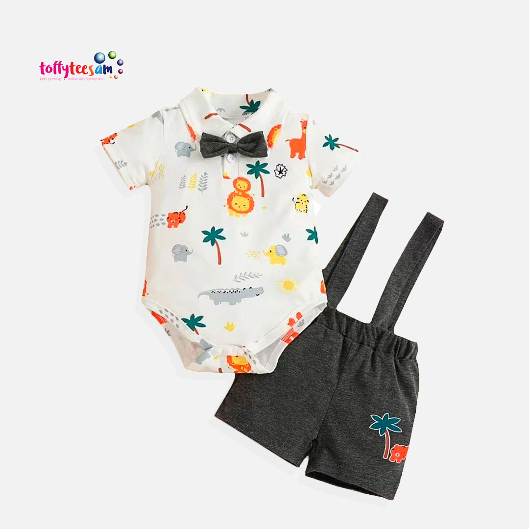Newborn Infant Boys Short Sleeve Solid Color Cartoon Printed Bow Tie Romper Suspenders Shorts Outfits