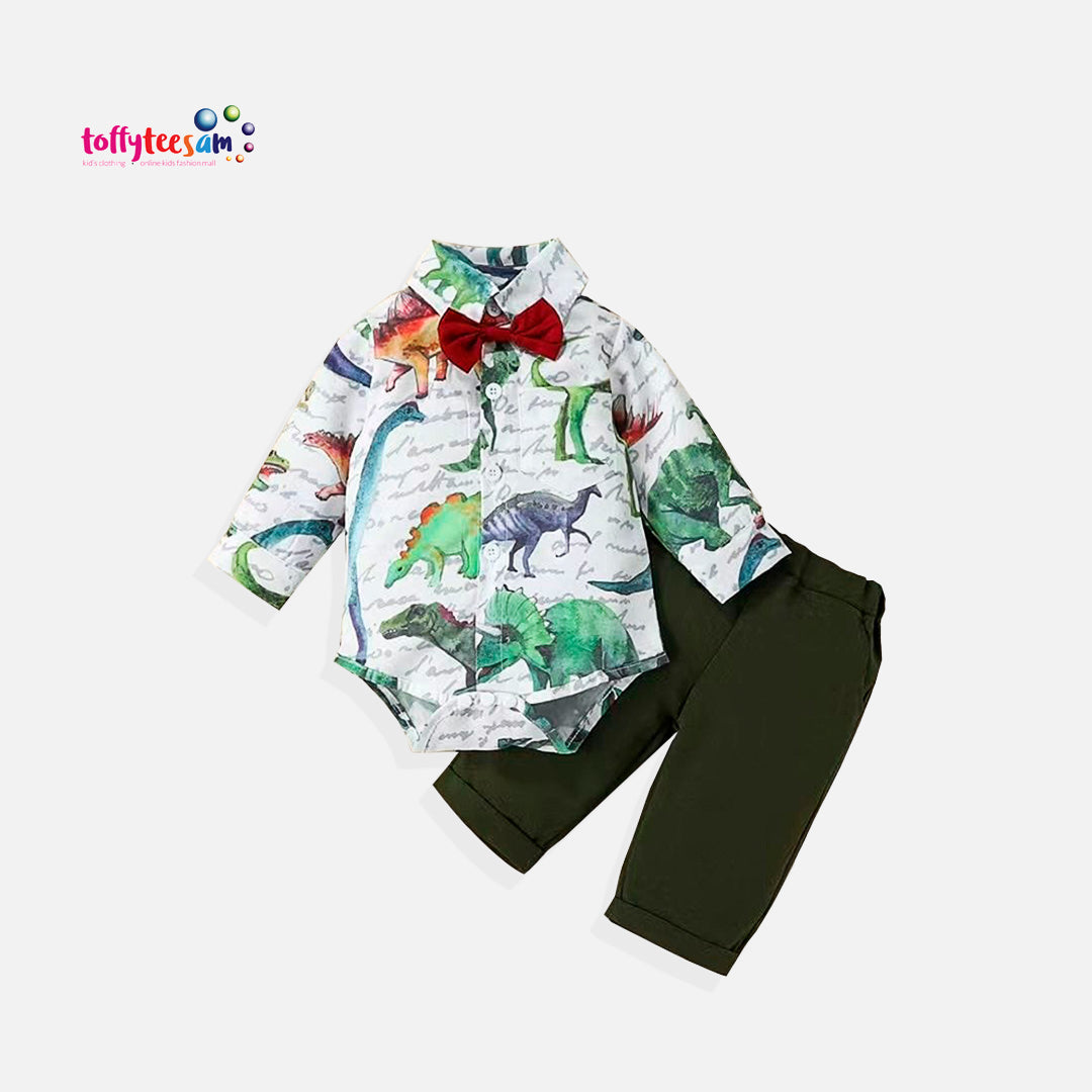 Newborn Infant Boys Long Sleeve Bow Romper Bodysuits Cartoon Dinosaur Prints Pants Outfits Boy Winter Outfits