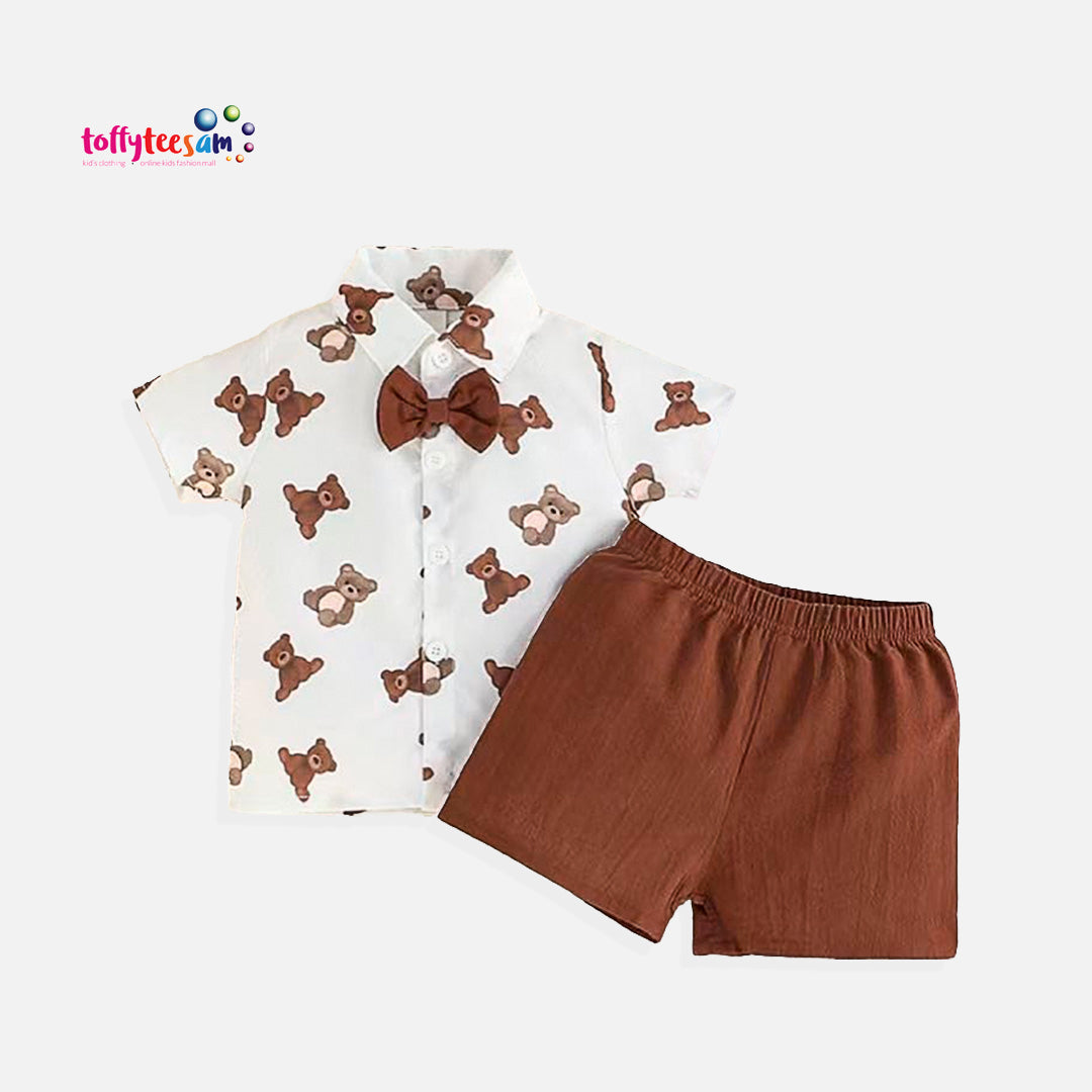 2 Piece Baby Boy Brown Teddy Bear button up Shirt short Faux Bow sleeve Shorts Set outfit Summer Spring Gift for Baby Boy amazon