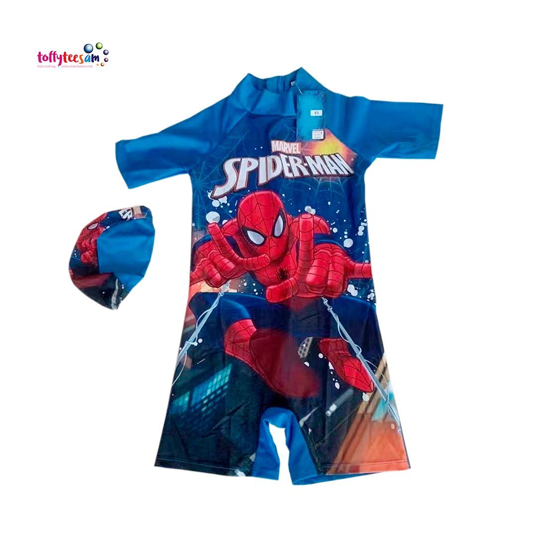 Spider-Man Character Jumpsuit Swimwear with  swim cap swimming hat