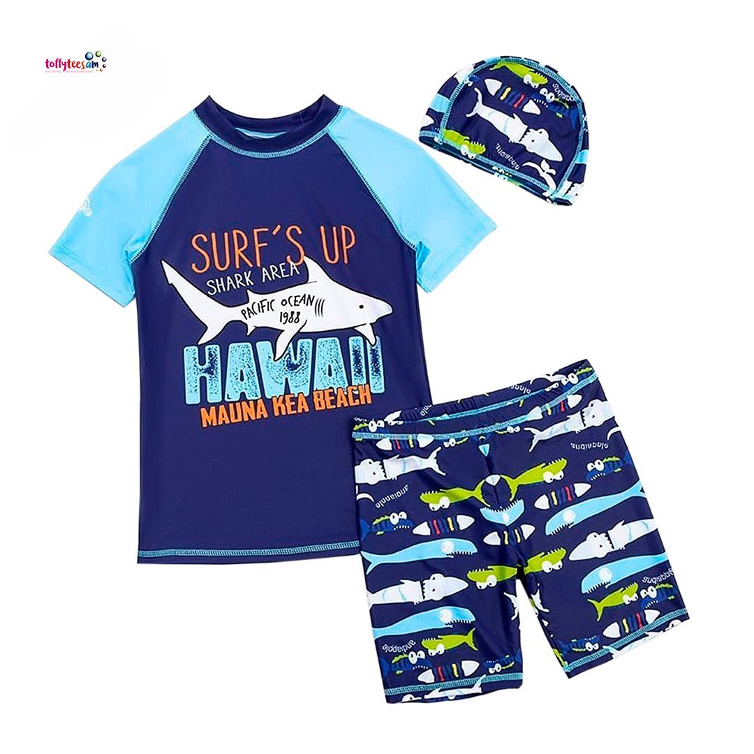 Kids Boy Cartoon Sharks Swimwear Two-Piece Swimsuits Baby Beach wear Child 2PCS Bathing Suit T-Shirt+Shorts with Swim Caps