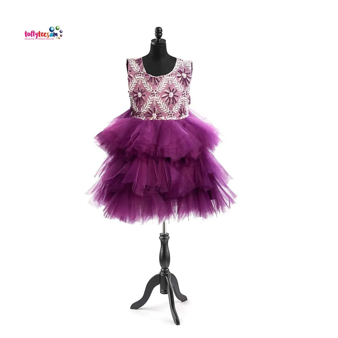 Three tired tulle Purple Frock dress with flower detail