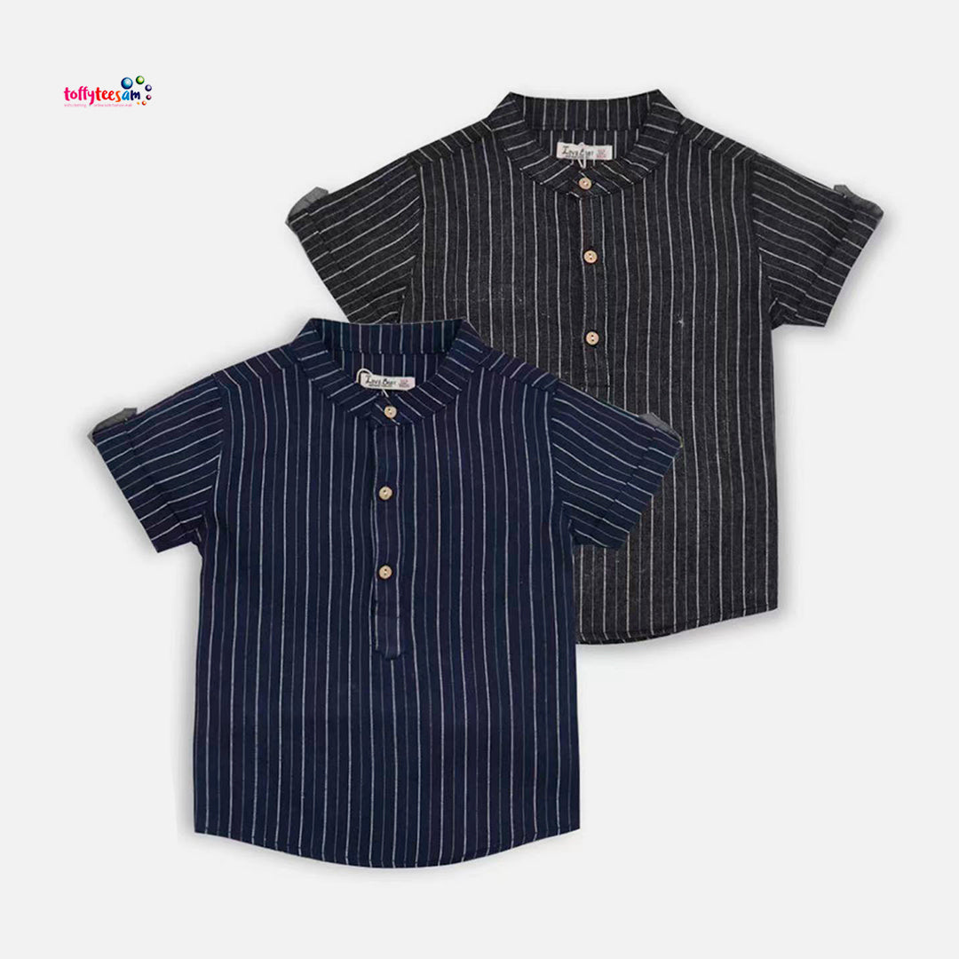 Short-sleeved shirt with guru collar and all-over stripes