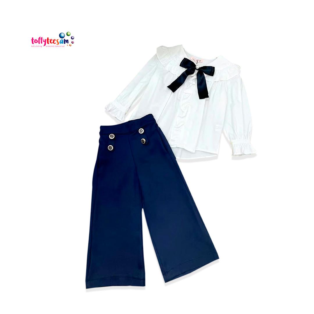 CASCADE BOW COLLAR TOP AND SAILOR PANTS SET